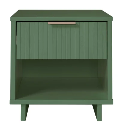 Sage green under bed storage nightstand with drawer and open shelf in modern style