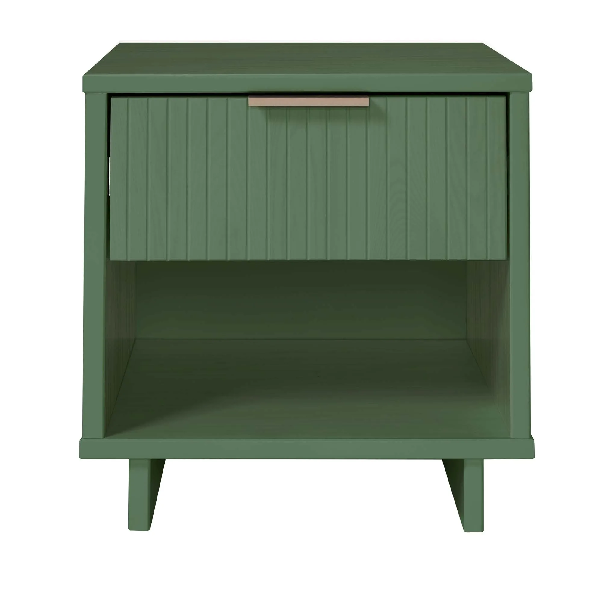 Sage green nightstand with drawer and open shelf in modern bedroom