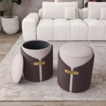 Goldoma two-tone velvet storage ottoman in brown and cream with gold legs, featuring hidden storage compartment