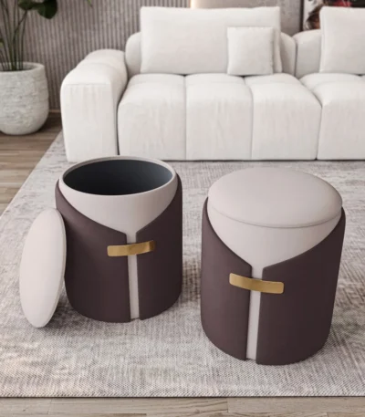 Goldoma two-tone velvet storage ottoman in brown and cream with gold legs, featuring hidden storage compartment