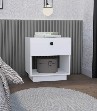 White 1-drawer nightstand with open lower shelf in a minimalist bedroom setting