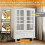 Modern Minimalist White Wooden Sideboard Cabinet with Double Glass Doors Drawer for Living Room Dining Room Hallway Entryway