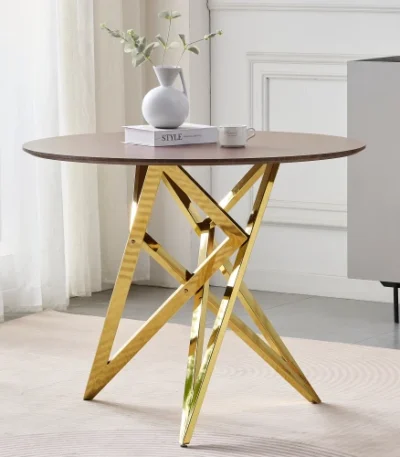 37 inch round dining table with golden metal legs in antique walnut finish for 4 people
