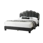 Goldoma queen upholstered bed with LED floral headboard in charcoal wool fabric