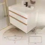 Three sizes of white solid wood bathroom vanities with sinks, 24, 30, and 36 inch, displayed side by side.