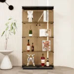 Double Door Tawny Glass Display Cabinet with 4 Door Shelves Floor-to-Ceiling Bookshelf for Living Room Bedroom Office by FCJ