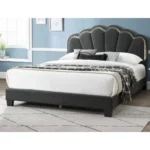 Goldoma queen upholstered bed with LED floral headboard in charcoal wool fabric