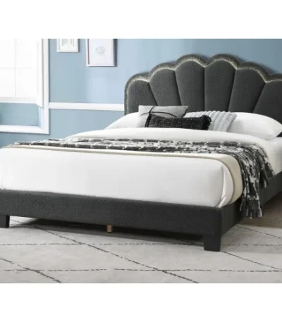 Goldoma queen upholstered bed with LED floral headboard in charcoal wool fabric