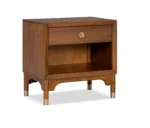 Modern nightstand with USB port and gold capped legs in walnut finish