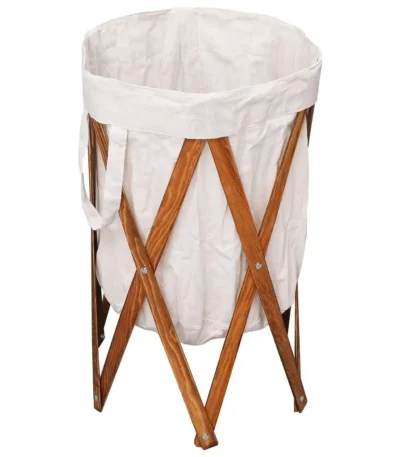 W2B VidaXL Cream Wood and Fabric Folding Laundry Basket Stainless Steel Storage for Clothing Convenient and Space-Saving