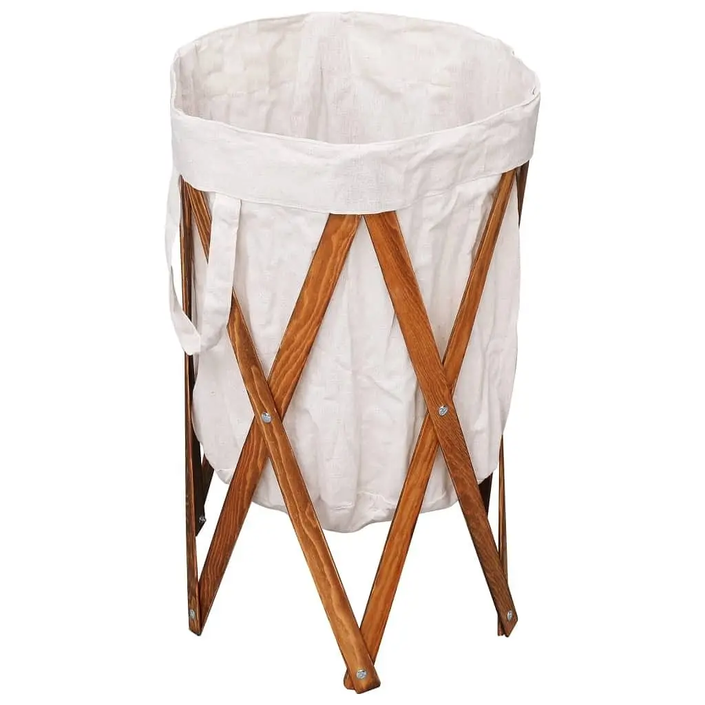 W2B VidaXL Cream Wood and Fabric Folding Laundry Basket Stainless Steel Storage for Clothing Convenient and Space-Saving