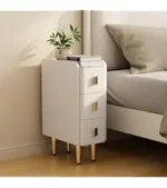 Beige leather narrow nightstand with drawers and stone top, perfect as a small bedside table