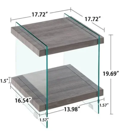 Modern nightstand with dual MDF shelves and tempered glass legs in a bedroom setting