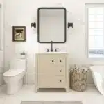 White 30-inch bathroom vanity cabinet with integrated sink and chrome faucet, front view against a tiled wall.
