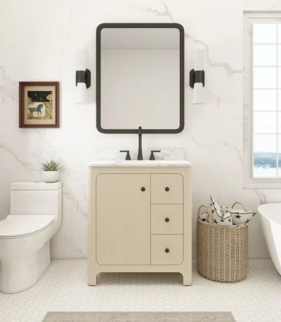 White 30-inch bathroom vanity cabinet with integrated sink and chrome faucet, front view against a tiled wall.