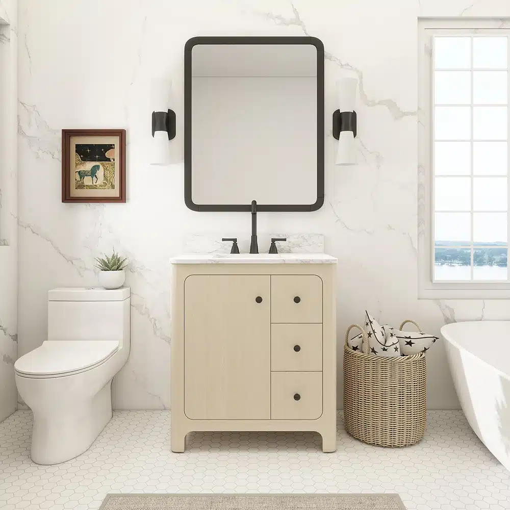 White 30-inch bathroom vanity cabinet with integrated sink and chrome faucet, front view against a tiled wall.