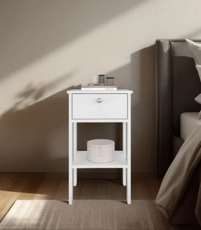 Modern white nightstand with drawer and open shelf - Newcastle bedside table - Goldoma