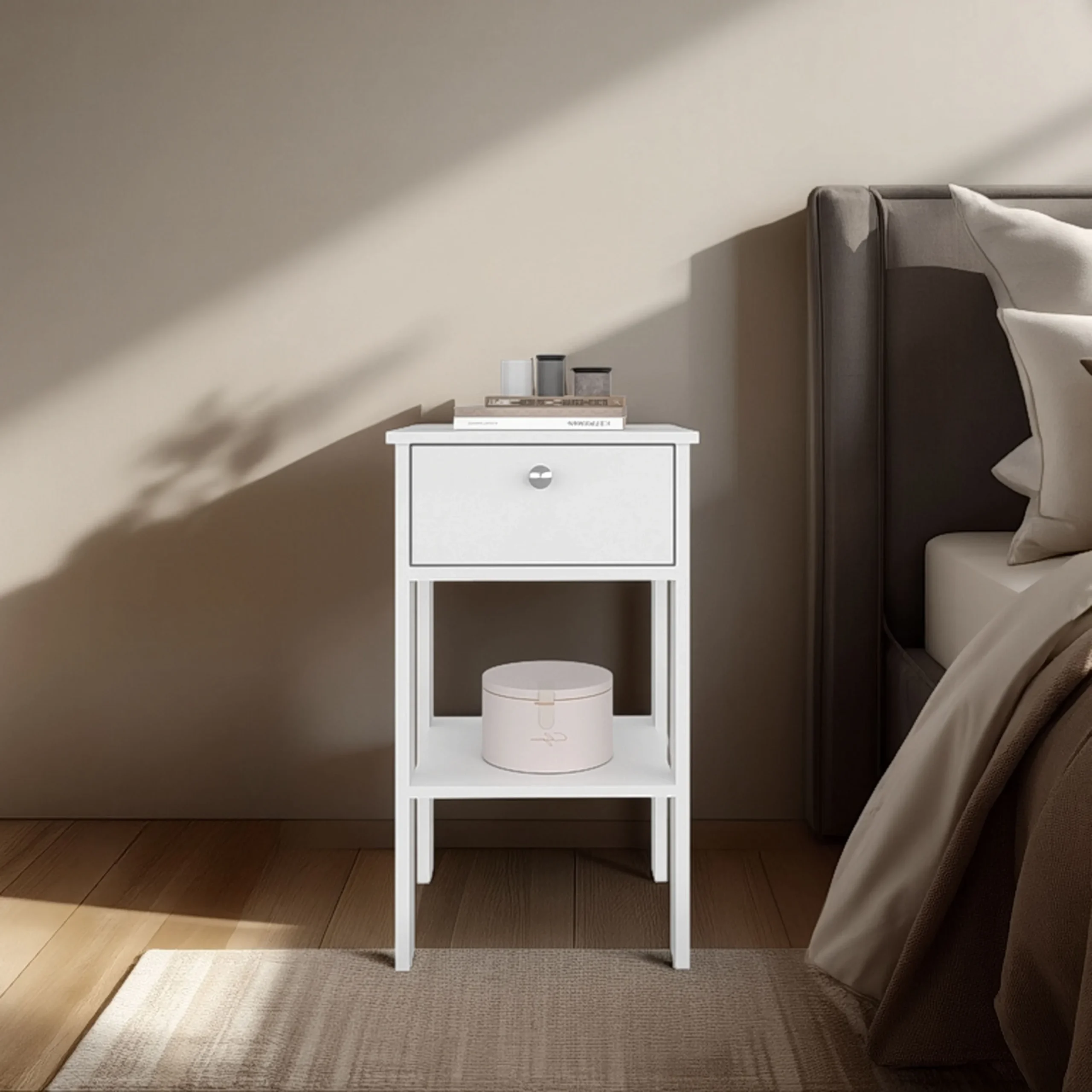 H8084fb6e44bc4aceb73dcb003587f4162.webp Modern white nightstand with drawer and open shelf - Newcastle bedside table - Goldoma