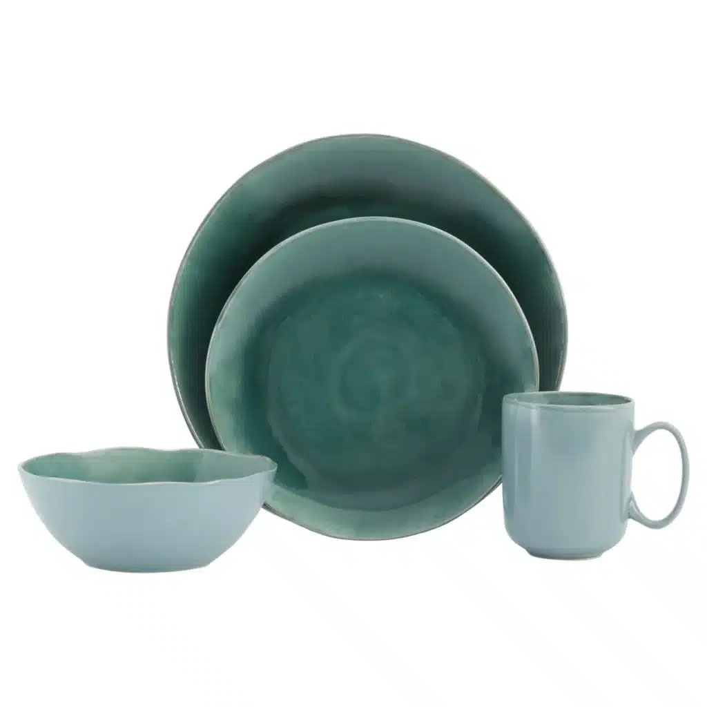 HMS Green Simple Classic Eco-Friendly Sixteen Piece Ceramic Dinnerware Set for Four Porcelain Plate Cup Kit Customizable