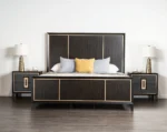 Goldoma Modern Adjustable Queen Bed with High Panel Headboard, Espresso Finish and Gold Trim – styled in a modern Living