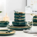 Green With Gold Inlay Quality Plates Full Set Luxury Steak Food Tray Ceramic Dinner Dish Salad Bowl Spoon Porcelain
