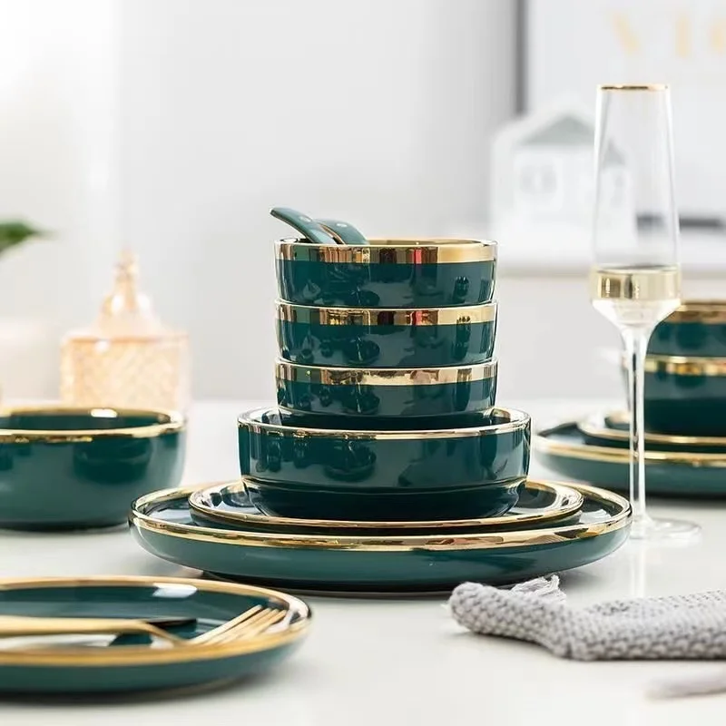 Green With Gold Inlay Quality Plates Full Set Luxury Steak Food Tray Ceramic Dinner Dish Salad Bowl Spoon Porcelain Dinnerware