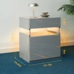 Modern LED nightstand with 3 drawers featuring illuminated acrylic panel in grey with gold veining