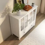 Buffet Storage Cabinet with Double Glass Doors and Unique Bell Handle, 1 Drawer White MDF Freestanding Sideboard - Image 3