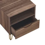 Brown nightstand with drawer and open shelf on gold hairpin legs, modern style, brown finish