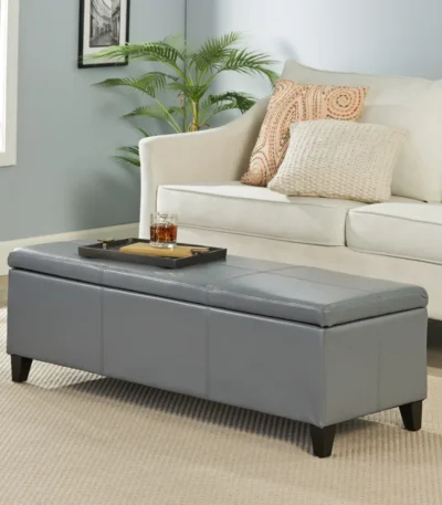 Goldoma Glouster storage ottoman bench in grey PU leather with soft-close hinges, perfect for living room or entryway organization