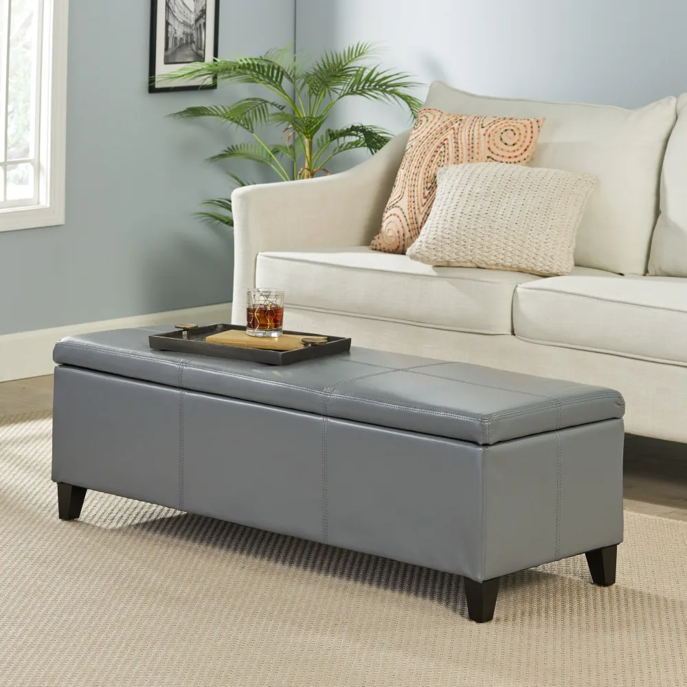 H815fdee8f98647f488c10e0b48c32e15K.webp Goldoma Glouster storage ottoman bench in grey PU leather with soft-close hinges, perfect for living room or entryway organization