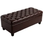 Goldoma dark brown leather storage ottoman bench in living room with pillows