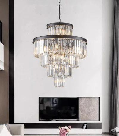 Ship From USA,24" Luxury Crystal Chandelier with Black Finish,Elegant 15 Light 5 Tier Pendant Light Fixture (Bulb Not