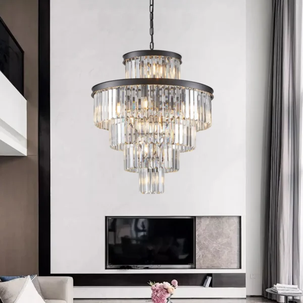 Ship From USA,24" Luxury Crystal Chandelier with Black Finish,Elegant 15 Light 5 Tier Pendant Light Fixture (Bulb Not