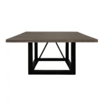 Goldoma 60-inch solid wood square dining table with dark brown distressed top and black iron legs in a rustic dining room