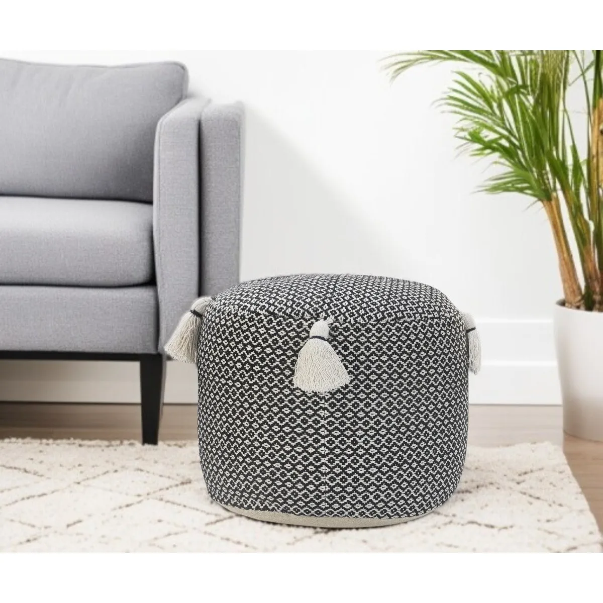 Goldoma 18" Black Cotton Cylinder Geometric Pouf Ottoman - Tufted Square Ottoman with Storage, Foldable Foot Rest and Extra