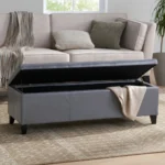 Goldoma Glouster storage ottoman bench in grey PU leather with soft-close hinges, perfect for living room or entryway organization