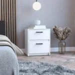 Trivor 2-drawer nightstand in white with metal handles, compact storage side table for bedroom