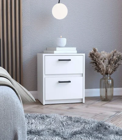 Trivor 2-drawer nightstand in white with metal handles, compact storage side table for bedroom