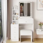White 29.2 inch LED vanity table with sliding storage and cushioned stool in small bedroom