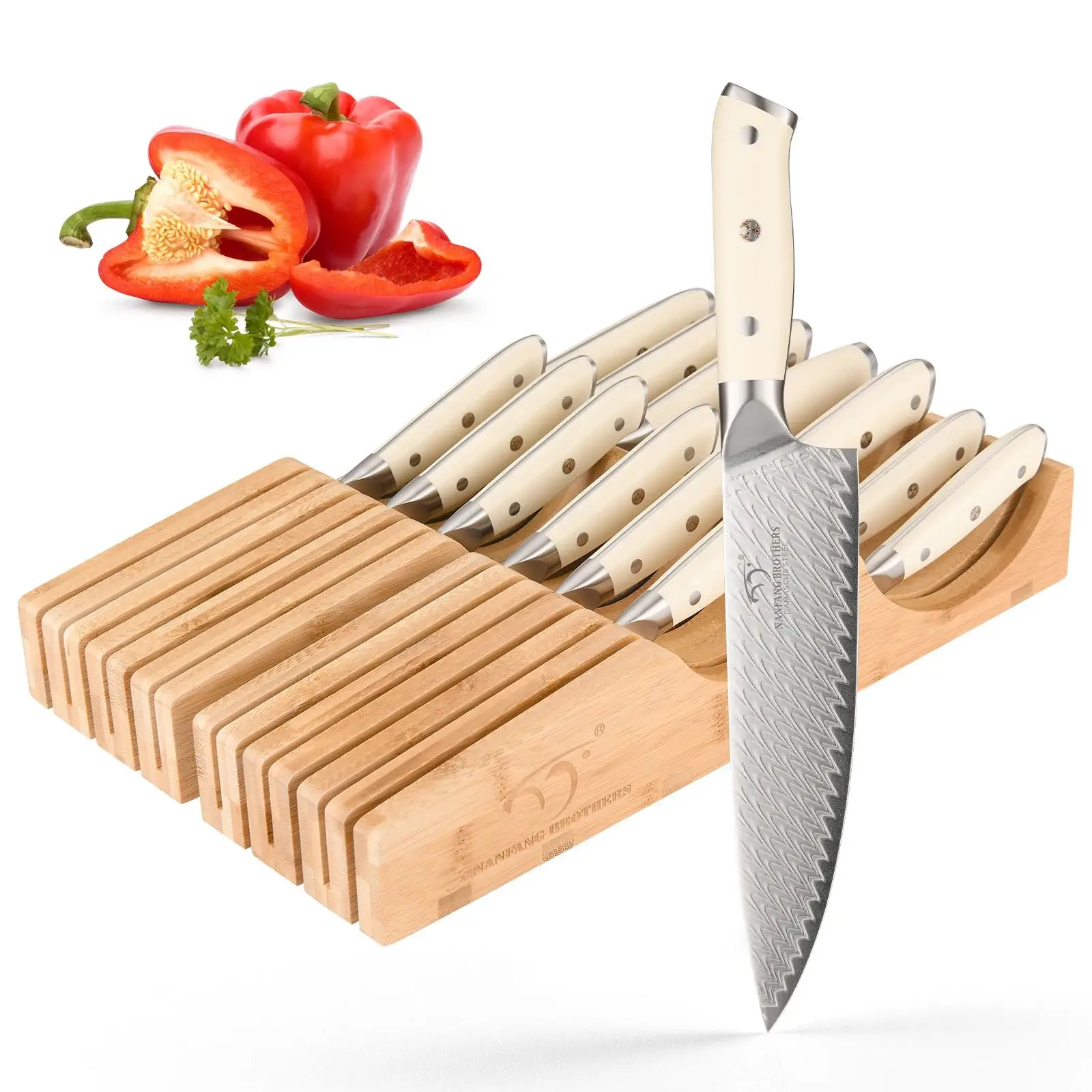 Brand New Damascus Non-Stick Chef Butcher Knife Set With Bamboo Drawer Block,14 PCS Kitchen Knife Set with ABS Handle