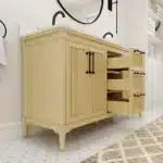 Angle view of the 48-inch single sink vanity highlighting its solid wood legs and elegant hardware.