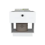 White 1-drawer nightstand with open lower shelf in a minimalist bedroom setting