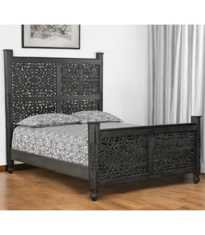 Goldoma Black Carved Floral Distressed Solid Wood Queen Bed Frame - elegant carved wood bed frame with intricate floral motifs and vintage black finish