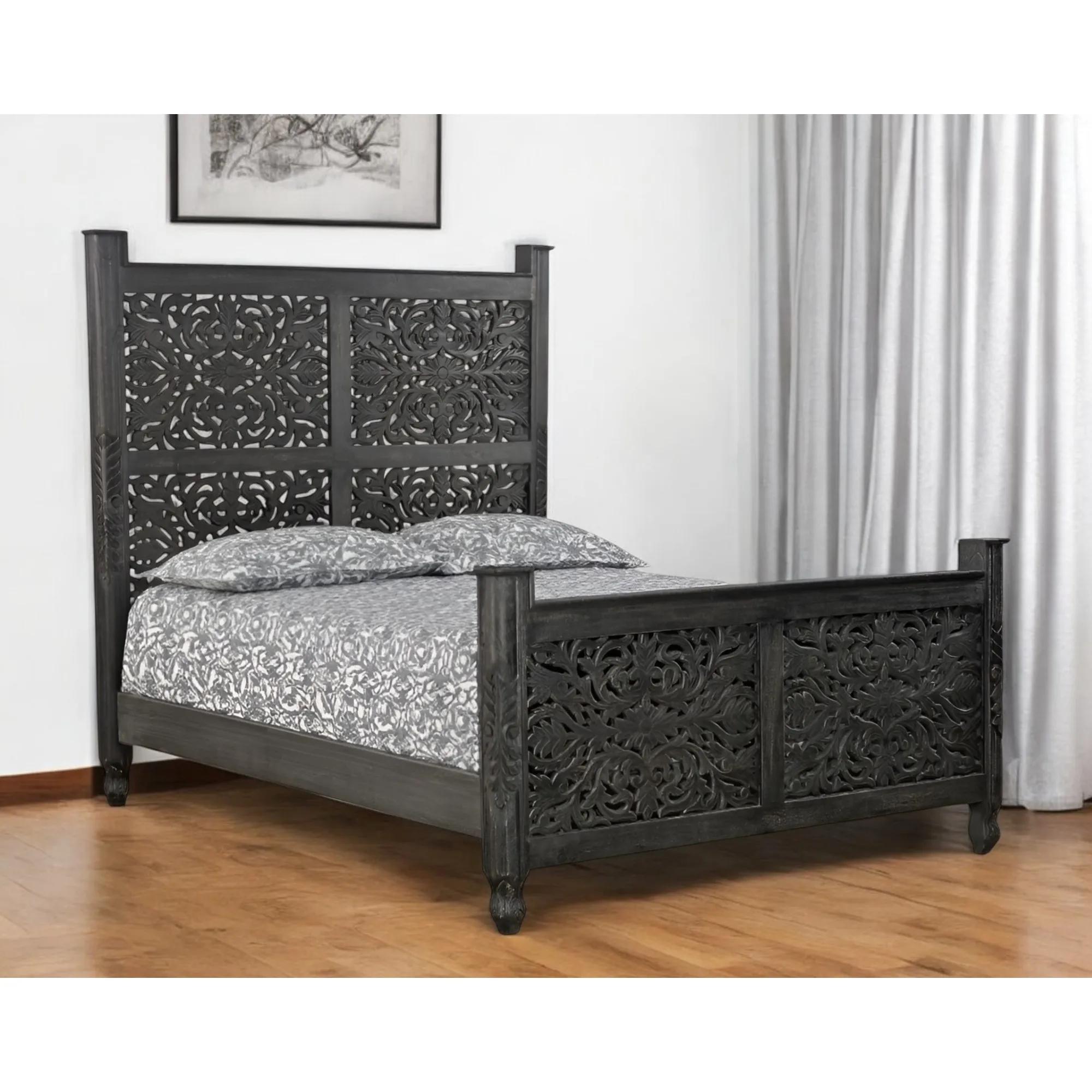H82784831f2e74706bc6589d2a5697572U.webp Goldoma Black Carved Floral Distressed Solid Wood Queen Bed Frame - elegant carved wood bed frame with intricate floral motifs and vintage black finish