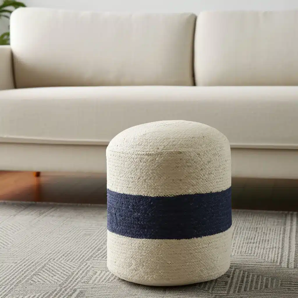 Goldoma 18" Off-White and Navy Blue Jute Blend Cylinder Ottoman Pouf