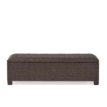 Goldoma PE wicker storage bench with hidden compartment in weathered brown finish on patio