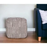 Goldoma 18-inch antique brown geometric cotton pouf ottoman with tufted leather accents, cube shape for seating or footrest