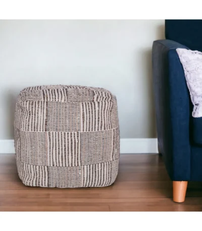 Goldoma 18-inch antique brown geometric cotton pouf ottoman with tufted leather accents, cube shape for seating or footrest