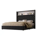 Queen size velvet tufted storage bed frame with 52-inch headboard, USB port and night light in a modern bedroom